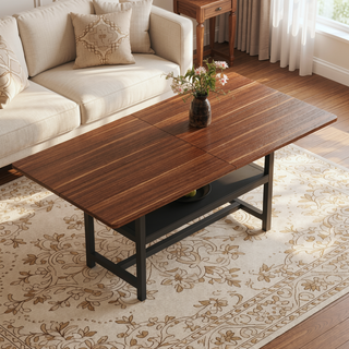 Sunvega Minimalist Dining Table with Walnut Textured MDF Top and Storage Shelf