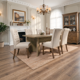 Sunvega Mango Brown Rectangular Dining Table with Sculpted Geometric Base and V-Shaped Legs