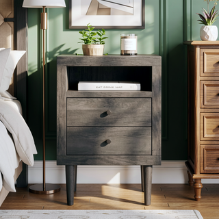 Sunvega Mid-Century Modern Nightstand with Two Drawers and Faux Wood Frame