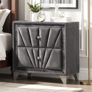 Sunvega Transitional Gray Upholstered Nightstand with Glass Top and Crystal Knobs