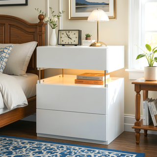 Sunvega LED Nightstand with Acrylic Board and RGB Lights 3 Drawer Bedside Table