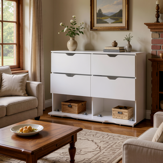 Sunvega White 4 Drawer Dresser with 2 Lower Cabinets for Storage and Organization