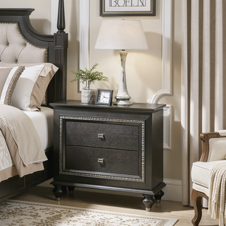 Sunvega Transitional Metallic Gray Finish Nightstand with Two Storage Drawers and Crystal Trim