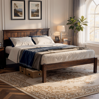 Sunvega Sturdy Wood Platform Bed Frame with Headboard for Queen Size Oak Finish