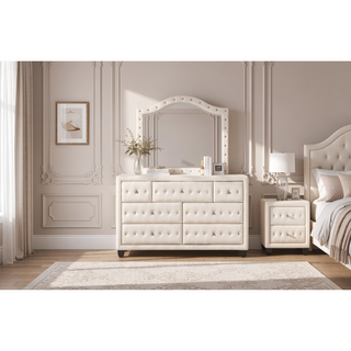 Sunvega Cream Velvet Upholstered Crystal Tufted 7-Drawer Dresser with Wood Frame