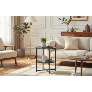 Sunvega Small Round Side Table with 2 Tiers for Bedroom Living Room Farmhouse