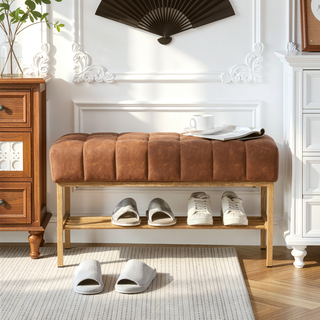Sunvega Teddy Fabric Upholstered Storage Bench with Shelf for Bedroom Living Room