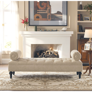 Sunvega Lewis Bolster Arm Entryway Bench Upholstered in Sky Neutral Beige Polyester