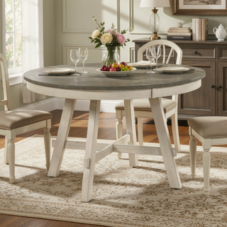 Sunvega Modern Farmhouse Round Dining Table with Greywash and Antique White Finish