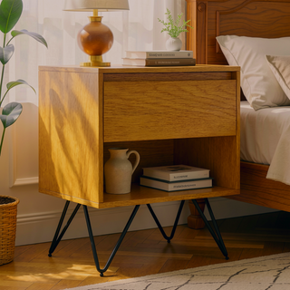 Sunvega Industrial Modern Oak Veneer Nightstand with Drawer and Open Storage