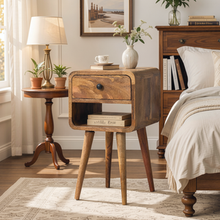 Sunvega Mini Solid Mango Wood Nightstand with Oak-ish Finish and Curved Edges