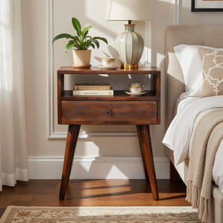 Sunvega Modern Chestnut Solid Wood Bedside Table with Drawer and Open Slot