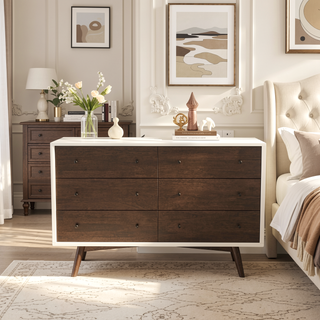 Sunvega Mid Century Modern White Dresser 6 Drawer Solid Wood Storage for Bedroom