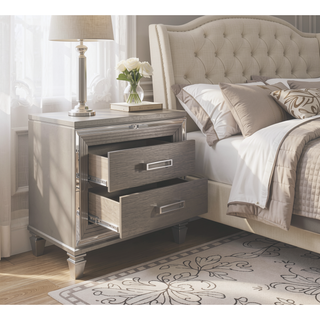 Sunvega White Silver Finish Nightstand with 2 Dovetail Drawers and Acrylic Bar Pulls