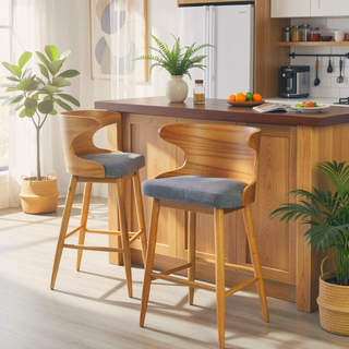 Sunvega Mid-Century Upholstered Rubberwood Bar Stools Set of Two