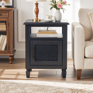 Sunvega Rustic Acacia Wood Nightstand with Cane Webbing and Storage Space