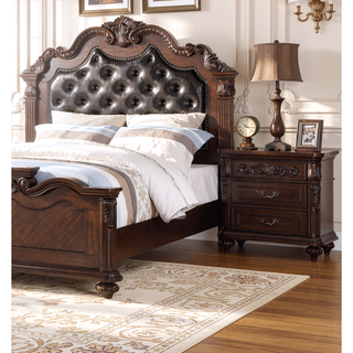 Sunvega Antique Walnut Nightstand with 2 Drawers and Unique Carving Design