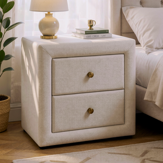 Sunvega Upholstered Beige Linen Look Nightstand with Two Storage Drawers