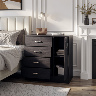 Sunvega Modern Wenge Dresser with 4 Spacious Drawers and Side Cabinet Shelf
