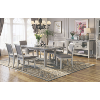 Sunvega Gray Marble Top Dining Table with White Finish and Cross Stretchers