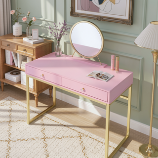Sunvega White and Gold Vanity Desk with Mirror and Jewelry Storage Tray
