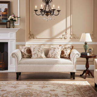 Sunvega Kathy Roll Arm Accent Bench with Nailhead Trim in Sky Neutral Beige