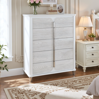 Sunvega White Upholstered Chest with Textured Drawer Fronts and Acrylic Legs
