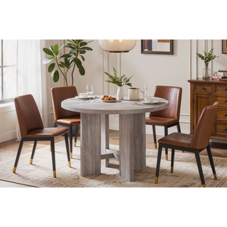 Sunvega Contemporary Round Dining Table with Cushioned Chairs and Nail Head Trim