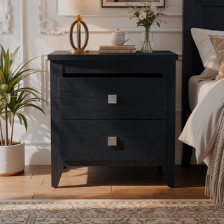 Sunvega Black Nightstand with Two Drawers and Four Legs Featuring a Superior Top