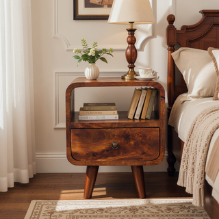 Sunvega Chestnut Brown Solid Wood Mini Curve Bedside with Drawer and Open Slot