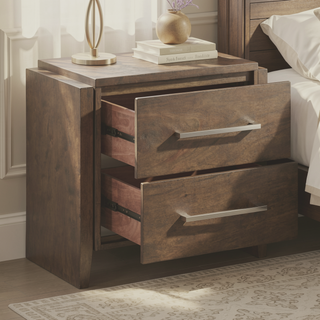Sunvega Solid Rubberwood Nightstand with Two Drawers in Dark Walnut Finish