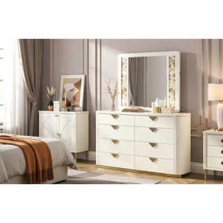 Sunvega Modern High-Gloss Beige Dresser with Six Spacious Drawers and Gold Accents