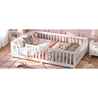 Sunvega Twin Size Floor Bed with Safety Guardrails and Door for Kids in Natural