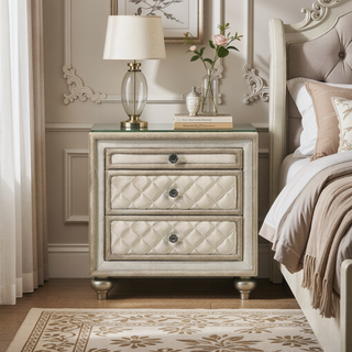 Sunvega Beige 2-Drawer Nightstand with Tufted Velvet-Lined Drawers and Crystal Knobs