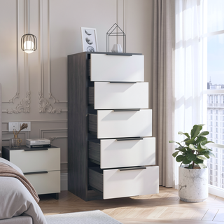 Sunvega Maryland White Pine Finish 5 Drawer Dresser with Metal Handles