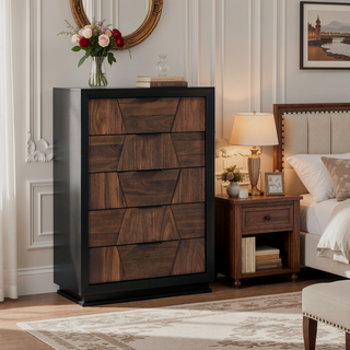 Sunvega Walnut Wood Tall Space Saving 5 Drawer Chest with Nickel Handles