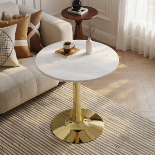 Sunvega Round White Pedestal Side Table with Marble Effect Top for Living Room