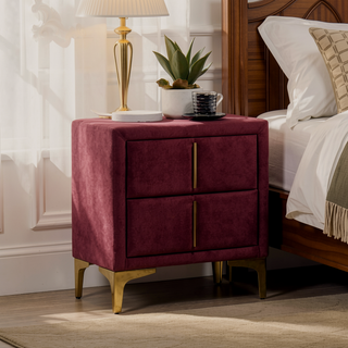 Sunvega Red and Gold Flannelette Nightstand with Upholstered Drawers and Bar Pull Handle