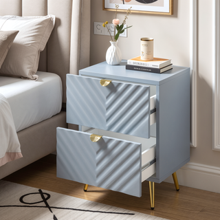 Sunvega Grey High Gloss Modern Nightstand with Two Drawers and Gold Finish