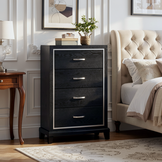 Sunvega Modern Black Nightstand with Two Drawers and Built-In AC USB Outlets