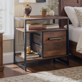 Sunvega Warm Oak Finish Side Table with Drawer and Open Shelf for Multiple Rooms