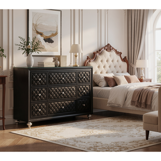 Sunvega Glam Style Black Dresser with Tufted Drawer Fronts and Faux Crystal Knobs
