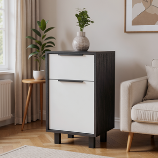 Sunvega Smokey Oak White Nightstand with Drawer and Spacious Cabinet for Bedroom