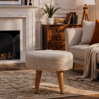 Sunvega Solid Mango Wood Legs with Cream Boucle Upholstered Petite Footstool