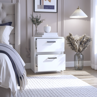 Sunvega White Finish Chequered Nightstand with Two Spacious Drawers