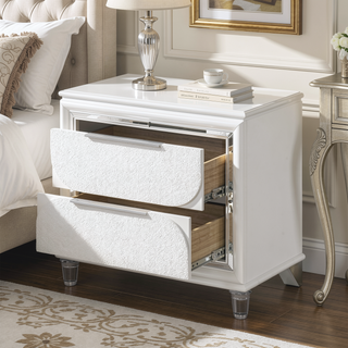 Sunvega Modern Pearl White Finish Nightstand with Large Storage Drawers and Acrylic Legs