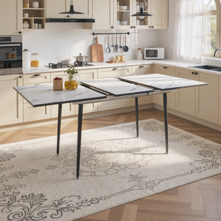 Sunvega Expandable Square Marble Pattern MDF Dining Table with Black Metal Legs