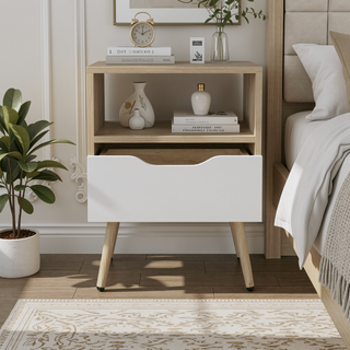 Sunvega Modern Natural Oak and White Nightstand with Drawer and Shelf