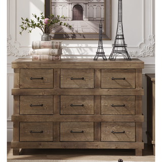 Sunvega Antique Oak and Gunmetal Finish Wooden Nine-Drawer Dresser