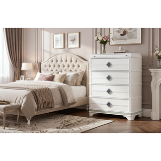 Sunvega Modern White Wood Chest with Crystal Accents and Hidden Jewelry Drawer